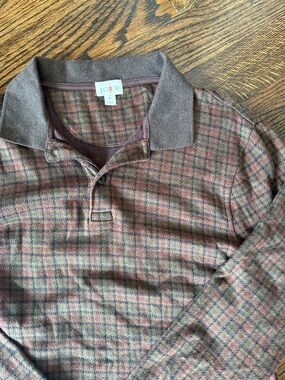 J. Crew Men's Plaid Long-Sleeve Polo – Brown Multi with Subtle Red & Green